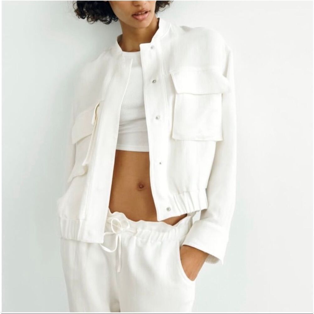 Zara Cream Linen Blend Snap Button Mock Neck Cropped Bomber Varsity Jacket L